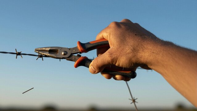 A strong hand uses pliers to cut through barbed wire against a clear blue sky during golden hour.