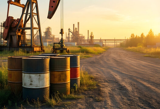 Energy crisis and fossil fuel industry, oil barrels at a petroleum refinery site with pump jack machinery during sunset in an industrial landscape