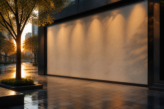 A modern building facade is illuminated by warm, dramatic uplighting on a wet, paved walkway lined with trees during sunset.