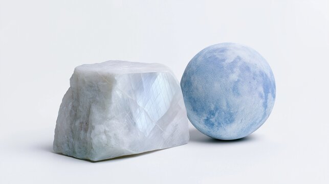 Natural moonstone crystal beside a realistic miniature moon, celestial concept