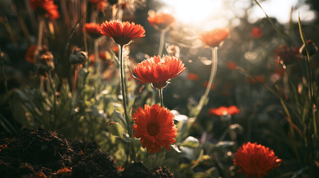 Pot marigold flowers Calendula officinalis bloom in warm golden sunligh