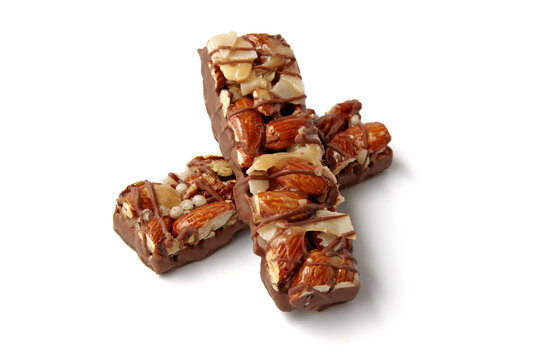 Dark Chocolate Almond and Sea Salt Nut Bars on White