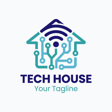 This logo combines the concept of a house with technology elements, representing innovation in home automation. Perfect for tech companies involved in smart home solutions.