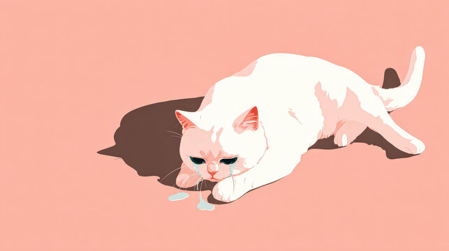 Illustration of a white cat lying down and crying on a pink background, suggesting a humorous take on feline emotions. The artwork features bold lines and flat colors.