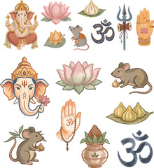 Obraz premium Cute Ganesha Chaturthi vector set with Lord Ganesha, lotus, modak, mouse, om symbol, trishul, and kalash