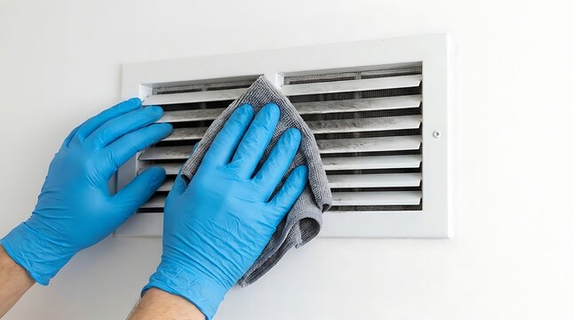 Close up of hands wearing blue nitrile gloves wiping dust and dirt from a white metal air conditioning vent cover with a grey cloth