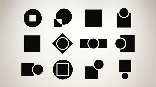 Set of black geometric shapes including circles and squares arranged in a collection of simple modern graphic icons for creative design projects and digital layouts