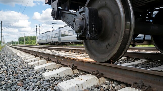 Close up of a train wheel rolling on steel tracks with sparks flying during a maintenance operation on a sunny day with a train in distance