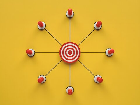 Central red target surrounded by multiple red pushpins connected with lines on a bright yellow surface