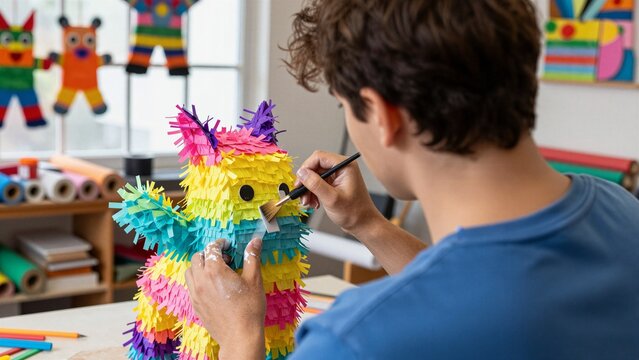 A young artist carefully paints a vibrant pinata with brush and paste in a bright craft studio filled with colorful supplies.