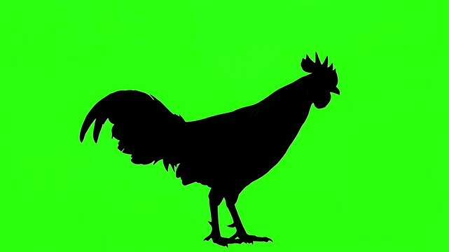 Black rooster silhouette standing against bright green background