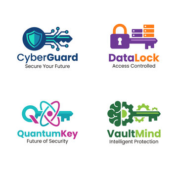 This collection of four logos represents advanced security concepts, featuring locks, intelligence, and modern designs to establish trust and safety for clients in various industries.