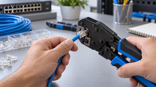 Manos prensando conector modular sobre cable de red