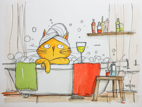 A playful cartoon cat enjoys a bubble bath, with a towel wrapped around its head. The scene includes colorful towels and bath accessories, suggesting a humorous take on relaxation and self care.