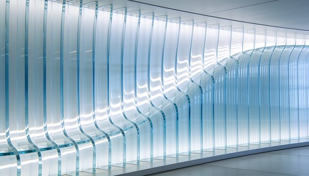 abstract wave partition, curved transparent glass panel, illuminated interior architecture, parametric glass panel, futuristic blue glass wall, clear glass design