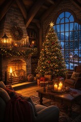 Obraz premium Cozy Christmas cabin interior with fireplace and tree