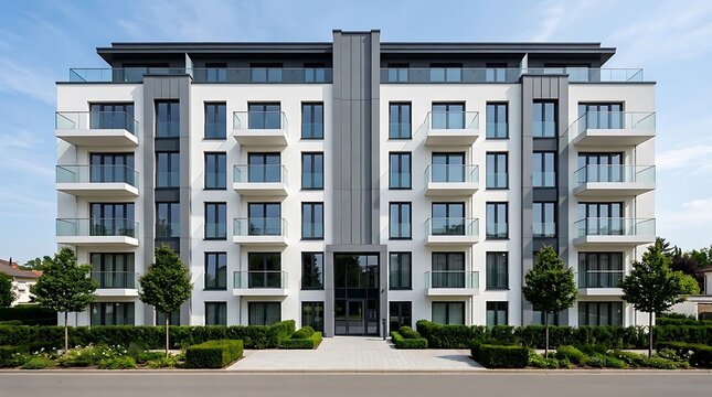 Apartment Building Exterior Photo, Modern Residential Facade with Balconies and Landscaped Entrance