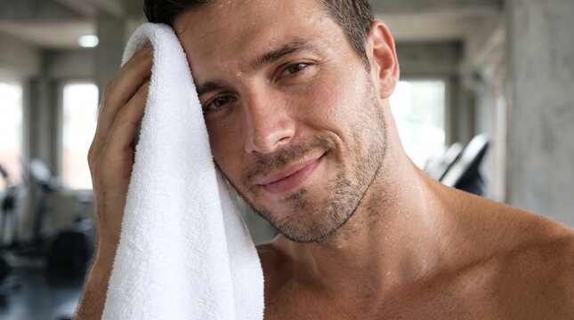 Close up portrait of handsome man smiling while wiping sweat from face with white towel, post workout rest concept in gym.