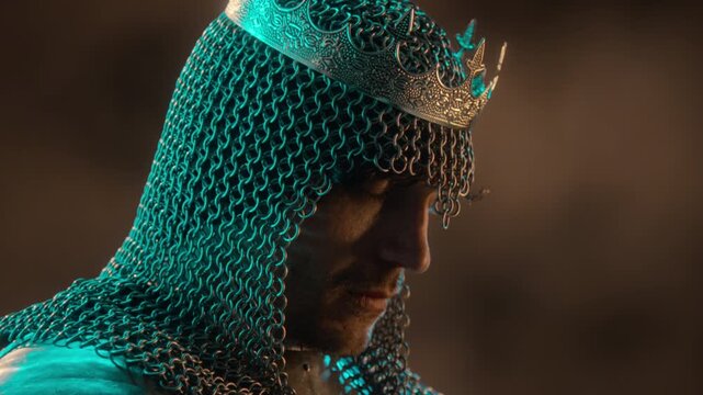 Caucasian king wearing ornate crown and chainmail looking down in extreme close up. Suitable for historical fantasy games, cinematic trailers, and medieval leadership campaigns