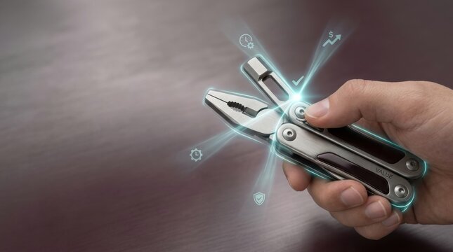 Individual holding a multi-tool to represent the value proposition of several benefits delivered in a compact offering
