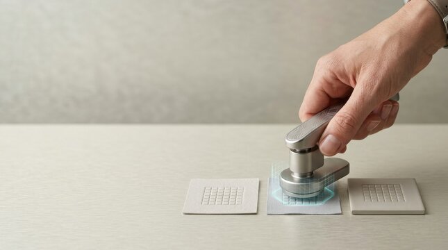 Hand using stamper to ensure customer experience consistency by producing recognizable service outcomes across interactions