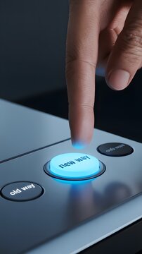 Decisive finger pushing illuminated new way button on a modern sleek panel