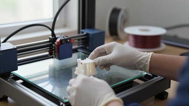 A technician wearing gloves carefully examines a newly printed white plastic model beside an active 3D printer in a modern lab setting.