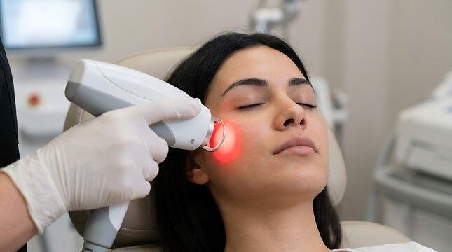 A woman receiving a laser skin rejuvenation treatment on her cheek from a technician wearing white gloves in a medical aesthetic clinic