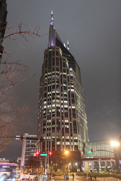 Nashville, Tennessee, USA - January 22, 2026: ATT Building, Iconic Batman Building. Architectural Batman building. Glass skyscraper. Night city architecture. Illuminated architecture building