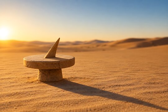 A sundial casting a long shadow on golden sand dunes under a clear sky at sunset.