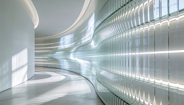 modern glass wall, futuristic interior design, curved glass partition, luxury architectural design, parametric architecture, curved corridor, white hall, abstract background