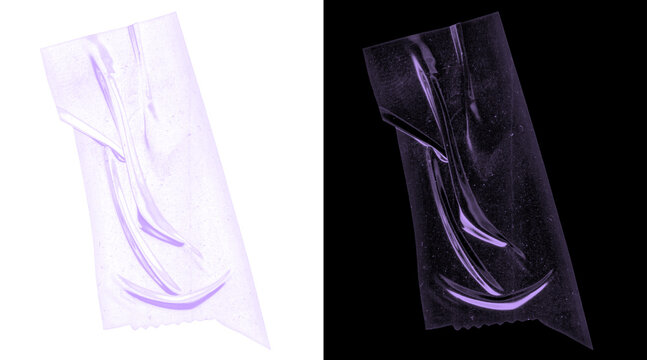 Crumpled plastic texture overlay, transparent wrinkled cellophane wrap, purple tinted poly bag material on black and white background