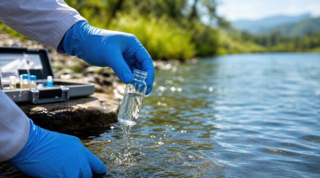 global health accessibility. Scientist in blue gloves collecting a water sample from a river for environmental testing.