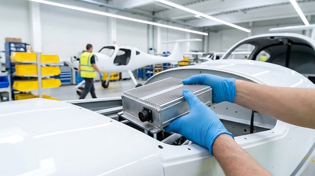 A technician wearing blue nitrile gloves installs a silver metal electronic component into the nose section of a small white aircraft in a hangar