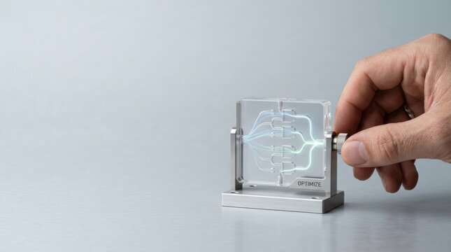 Human hand adjusting a fluidic logic valve to visualize ai energy optimization and efficient power management