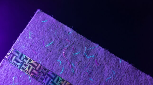Detailed Textured Paper with Glowing Fluorescent Fibers and Holographic Pattern under UV Light