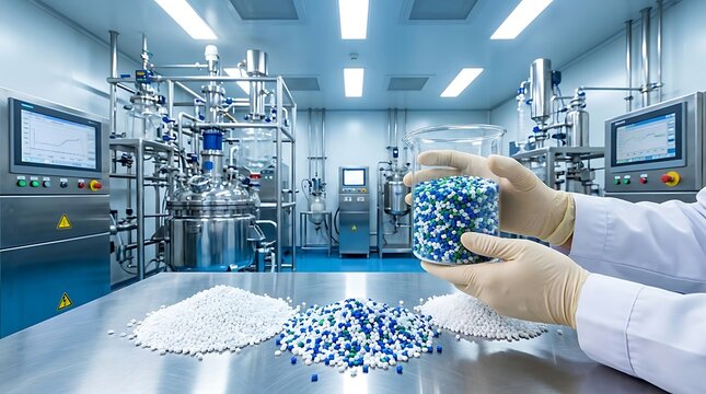 A scientist wearing white lab coat and gloves holds a beaker filled with blue and white plastic pellets in a modern pharmaceutical production facility