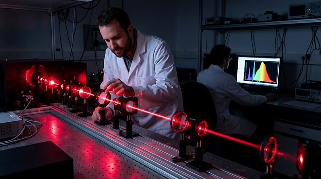 A scientist adjusting optical lenses on a laser bench experiment while a colleague works on a computer in a dark physics laboratory room