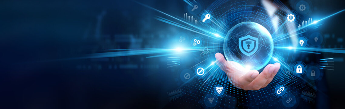 Businessman holding privacy and global security, analyzing personal data, monitoring digital access, protecting sensitive information, improving online data protection