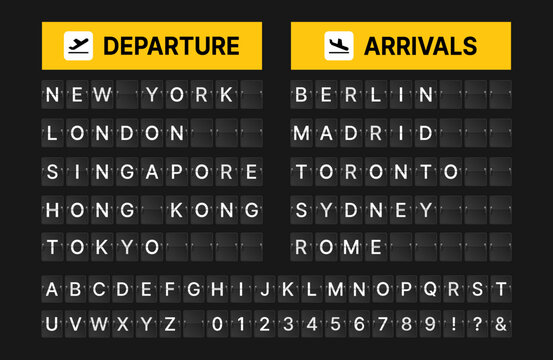 Airport Departure and Arrivals Flip Board with Flight Destination Letters and Numbers