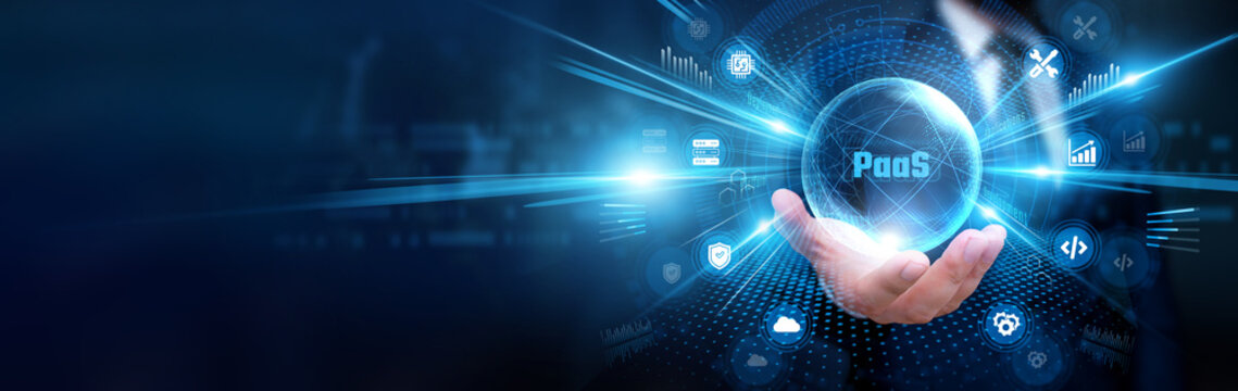 Businessman holding PaaS and global cloud technology, analyzing application data, monitoring development platforms, optimizing software services, improving digital infrastructure