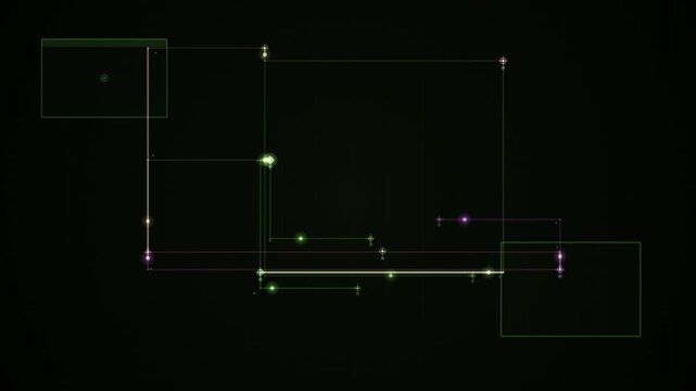 The abstract graphic design features a complex network of glowing neon outlines and nodes against a dark background.