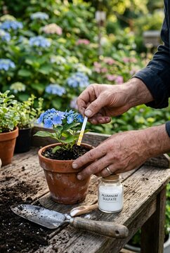Gardener Testing Soil pH Strip on Potted Blue Hydrangea with Aluminum Sulfate Jar and Garden Trowel