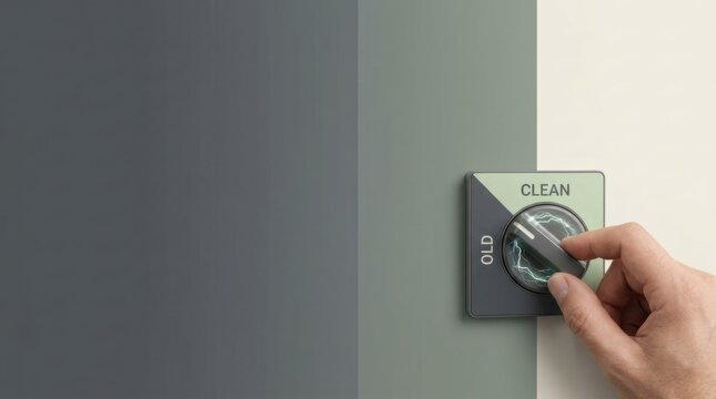 Person's hand turning a button on a wall signifying immediate choice between legacy power and clean energy source