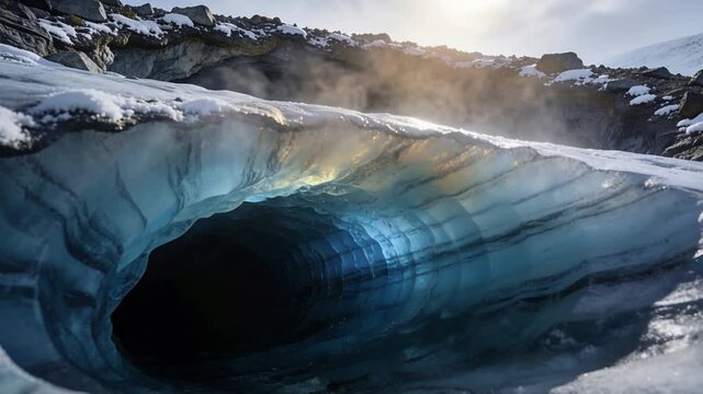 Increasing sunlight piercing ice cave arch at glacier mouth, revealing blue banding and rising mist