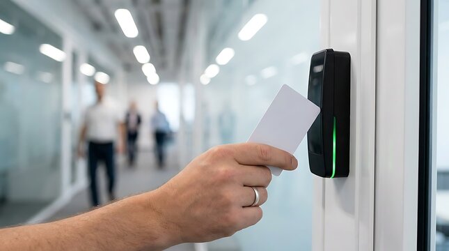 A person using a white plastic access card to unlock a door by tapping it against a black electronic reader in a modern office hallway