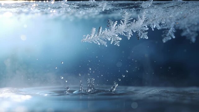 Shifting focus nudging hexagonal flake from frost rim in studio sliding into ice forming splash