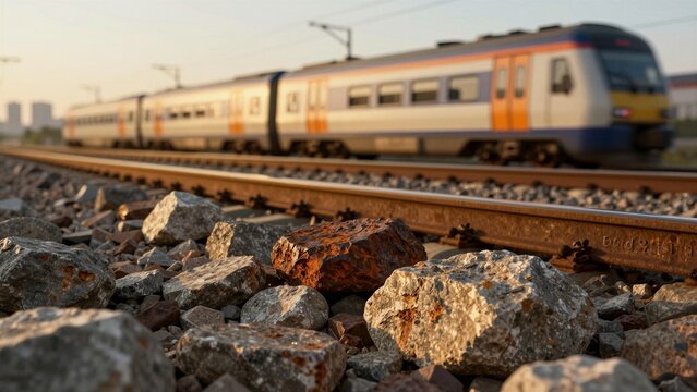 A speeding train glides past rusted rails and sunlit rocks during golden hour, capturing motion against a serene urban backdrop.