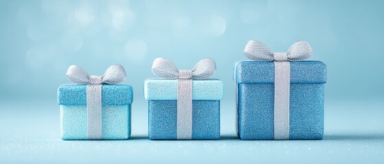 Obraz premium Three shimmering blue gift boxes adorned with elegant ribbons set against a soft blue backdrop ideal for holiday festivities birthdays or any special celebration creating a joyful and festive ambiance