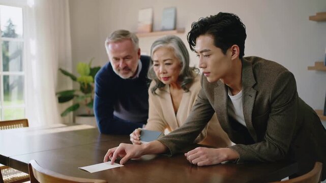 Pointing right man in brown blazer tracing white card on home dining table, family reviewing swatch